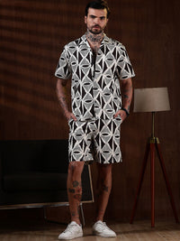 Eszett Geometric Printed Spread Collar Pure Cotton Shirt With Shorts Co-Ord Set