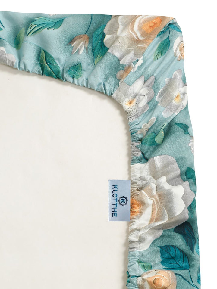 KLOTTHE Turquoise Blue Floral Printed Dilengkapi 300 TC King 7D Cadar Dengan 2 Sarung Bantal