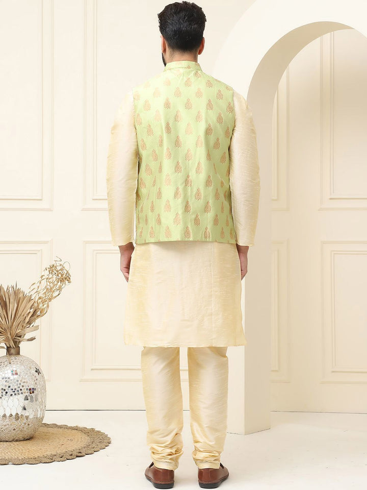 SOJANYA Mandarin Collar Zari Silk Cotton Straight Kurta with Pyjamas & Nehru jacket