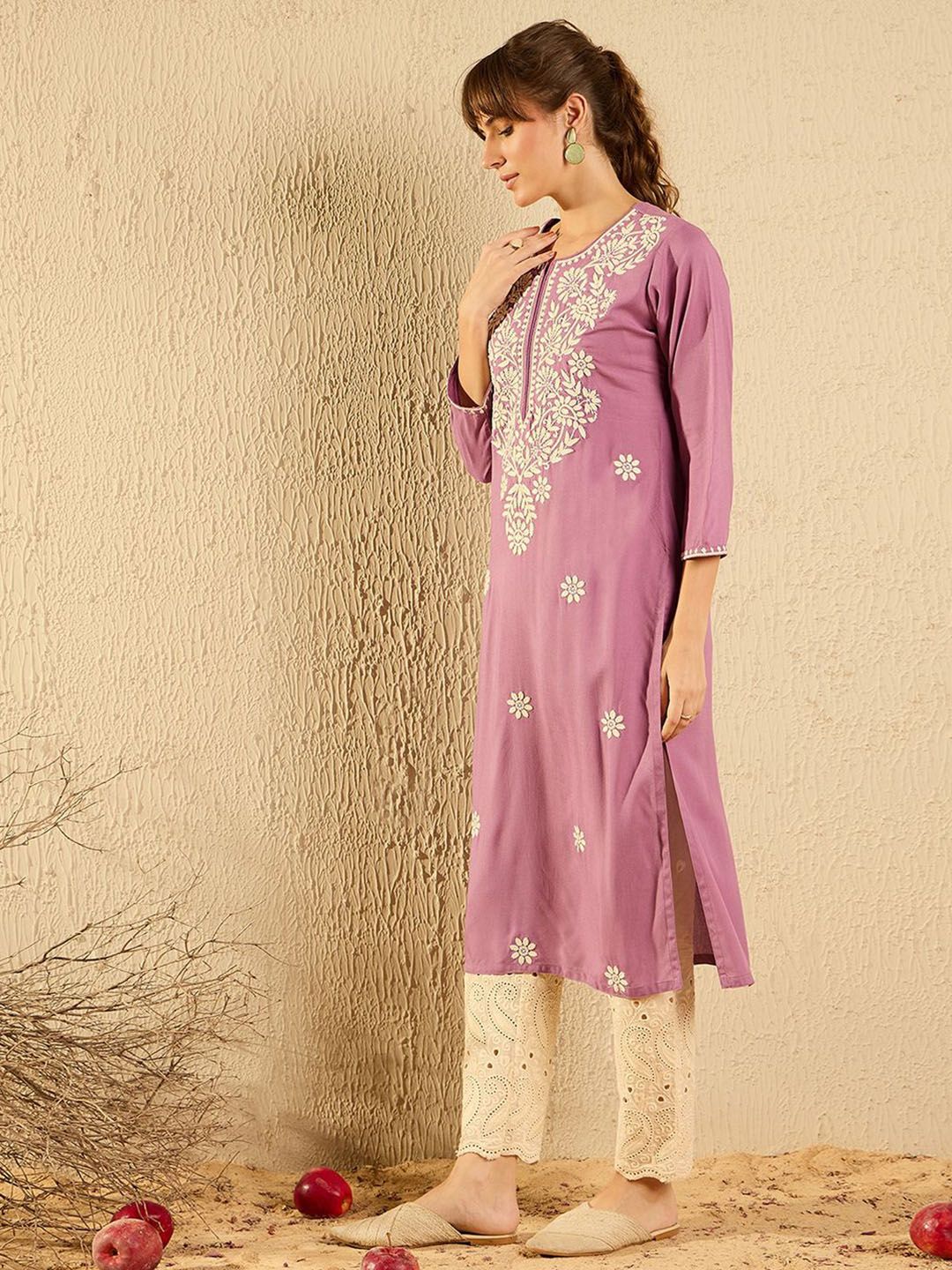 Wanita Era Indo Paisley Benang Sulam Kerja Pastel Kurta