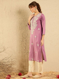 Wanita Era Indo Paisley Benang Sulam Kerja Pastel Kurta