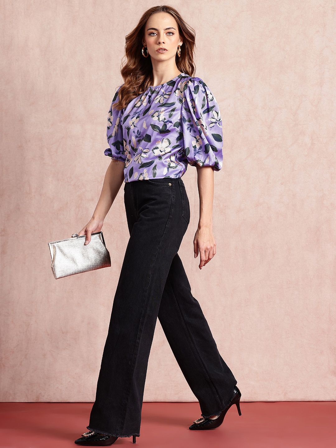 all about you Satin-Finish Floral Print Puff Sleeves Top