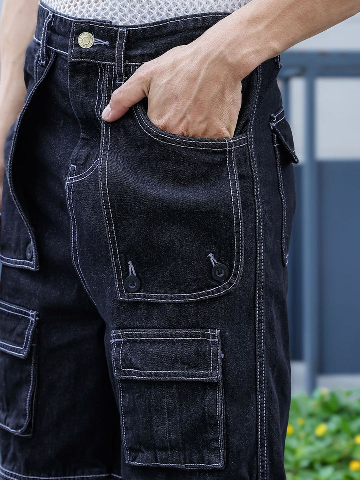 Eszett Lelaki Black Comfort Baggy Seluar Gaya Kargo Pertengahan