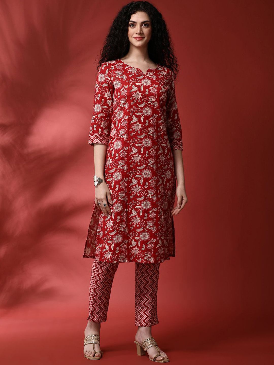 Anouk Floral Printed Round Notch Neck Straight Kurta With Trousers & Dupatta