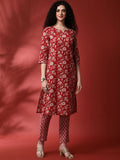 Anouk Floral Printed Round Notch Neck Straight Kurta With Trousers & Dupatta