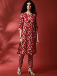 Anouk Floral Printed Round Notch Neck Straight Kurta With Trousers & Dupatta