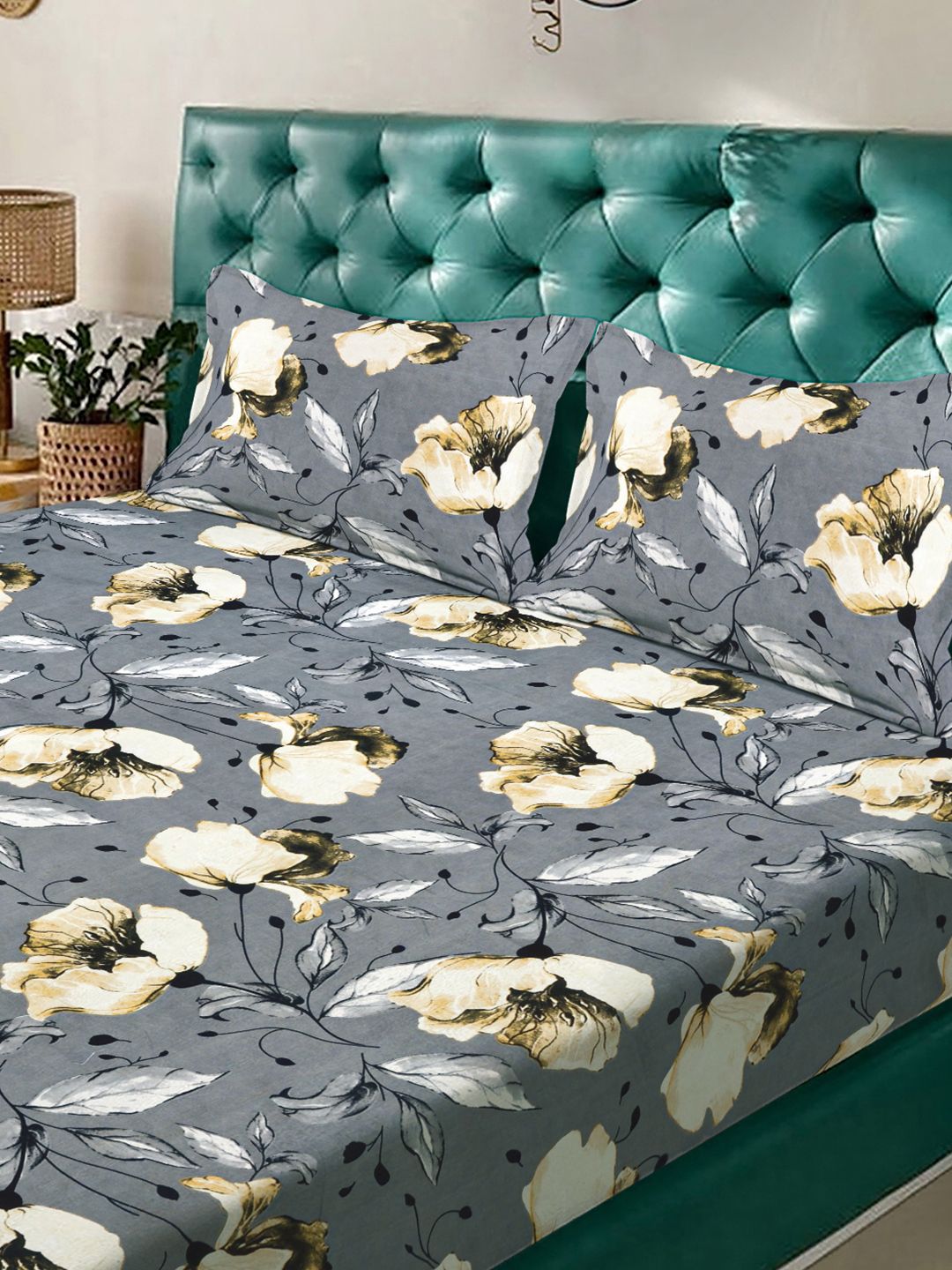 KLOTTHE Grey Floral Printed Dilengkapi 300 TC King Double Bedsheet Dengan 2 Sarung Bantal