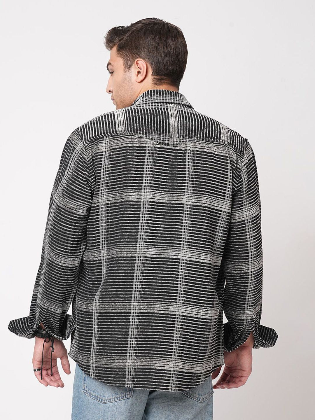 VASTRADO Men Black & White Checked Double Flap Pocket Textured Overshirt