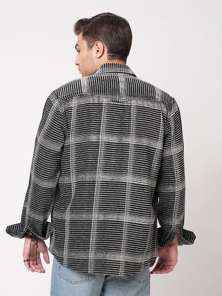 VASTRADO Men Black & White Checked Double Flap Pocket Textured Overshirt