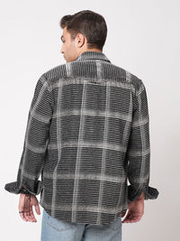 VASTRADO Men Black & White Checked Double Flap Pocket Textured Overshirt