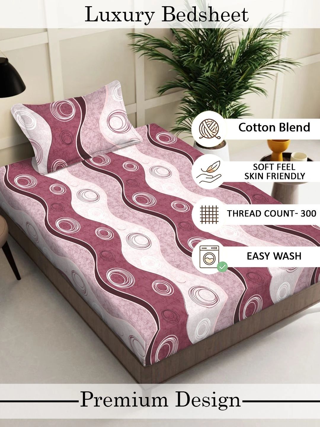 Myntra Elegant Homes White & Maroon Geometric 300 TC Single Bedsheet with 1 Pillow Covers