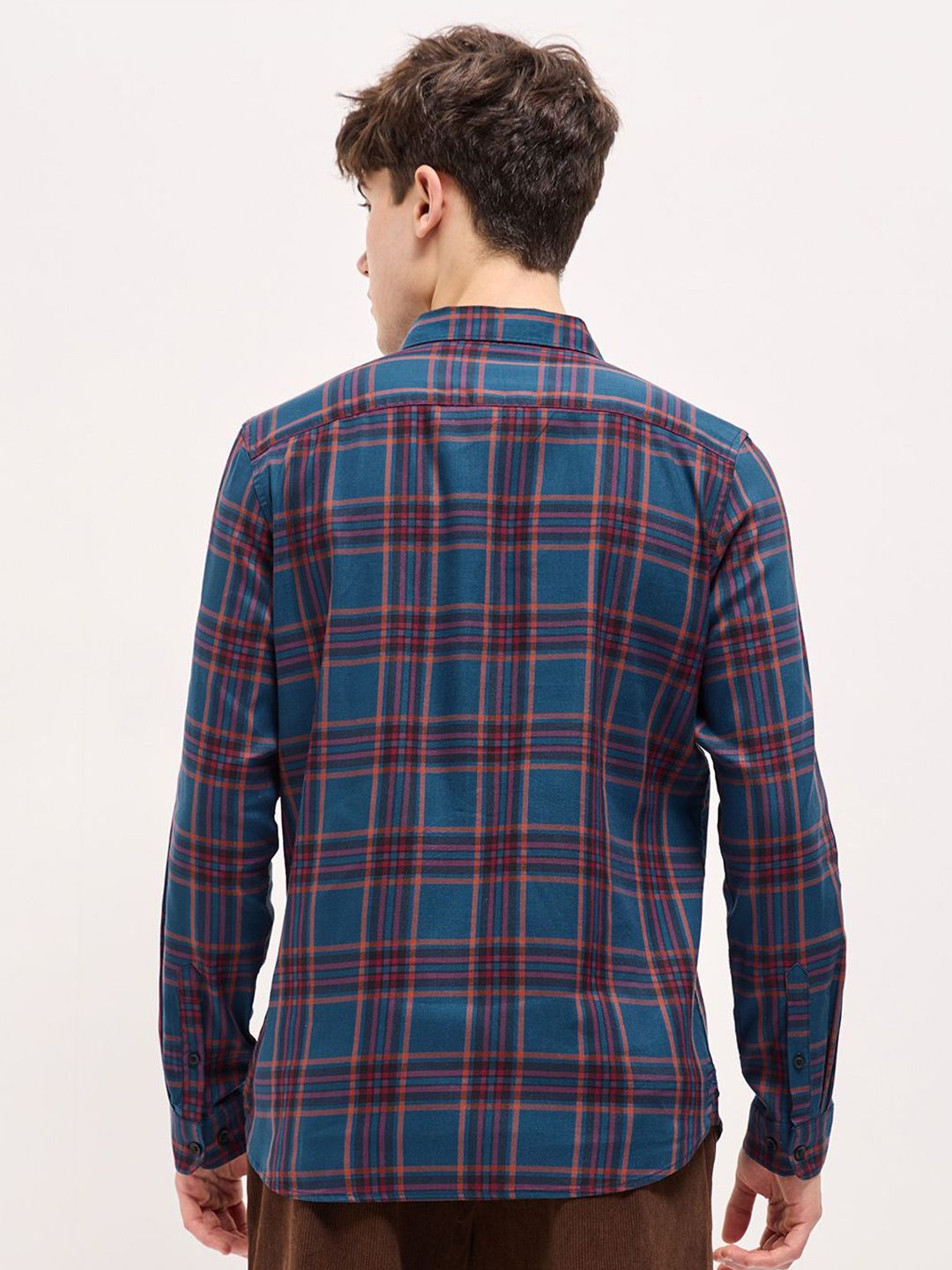 THE BEAR HOUSE Men Spread Collar Tartan Checked Cotton Slim Fit Shirt