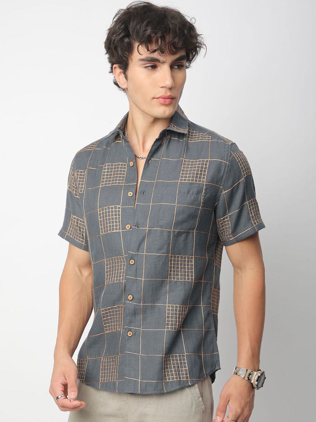 VASTRADO Men Classic Spread Collar Geometric Printed Cotton Slim Fit Casual Shirt