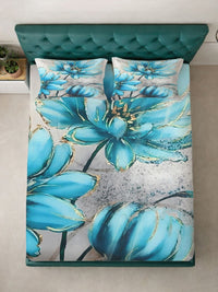 Myntra Elegant Homes Blue Floral 300 TC Super King Double Bedsheet dengan 2 Sarung Bantal