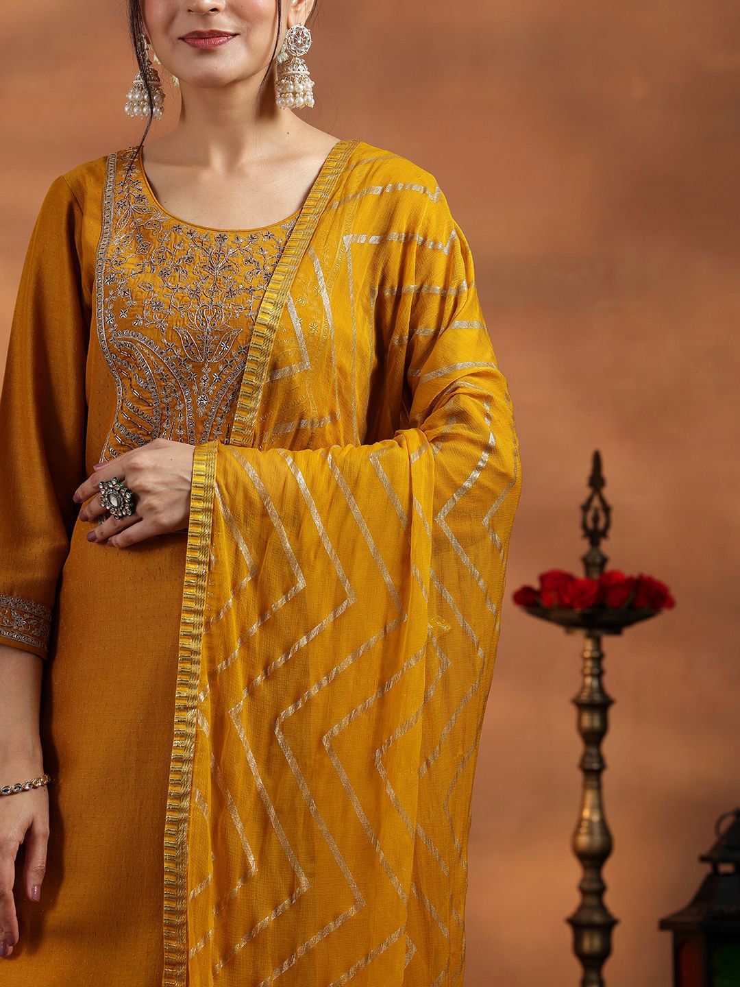 Libas Paisley Yoke Design Thread Work Straight Kurta with Trousers & With Dupatta