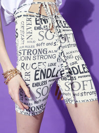 STREET 9 Women Cream-Coloured Typography Printed Slim Fit High-Rise Shorts
