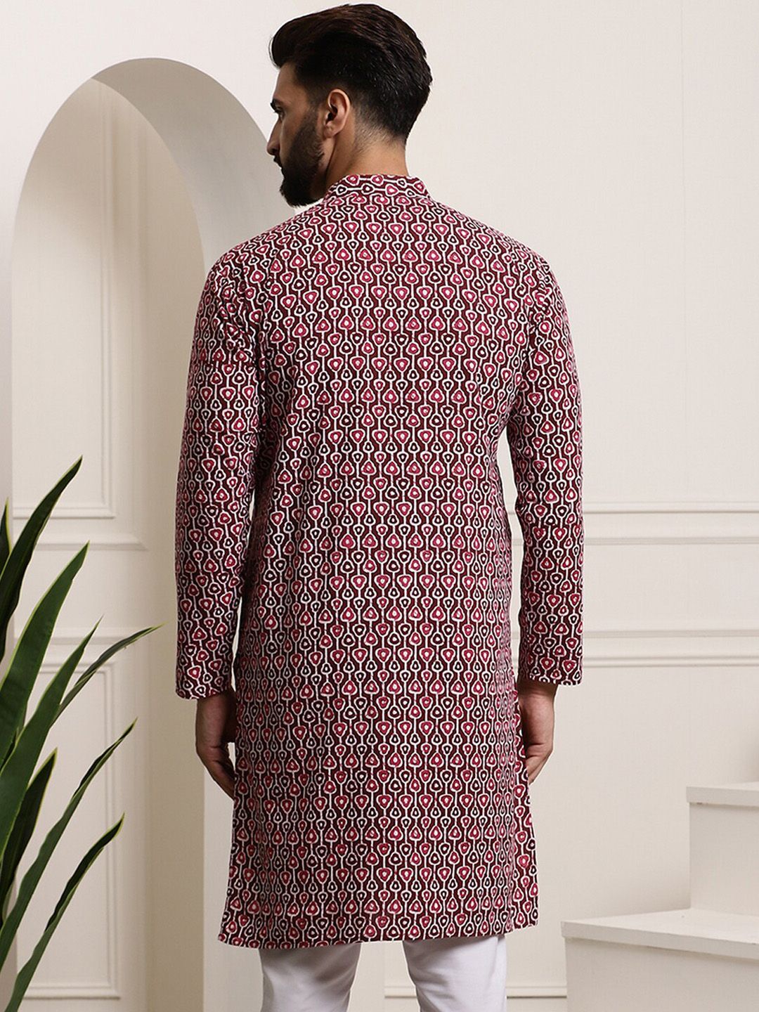 SOJANYA Lelaki Hitam Geometric Flared Lengan Kurta Kerja Benang