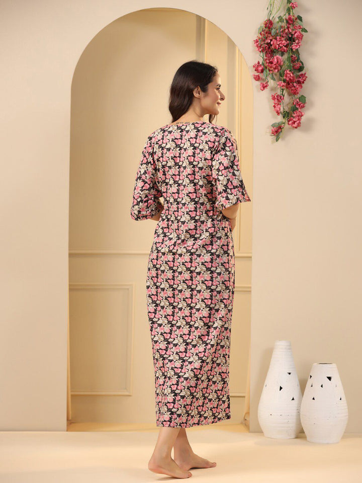 SANSKRUTIHOMES Black Floral Printed Pure Cotton Maxi Nightdress