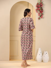 SANSKRUTIHOMES Black Floral Printed Pure Cotton Maxi Nightdress