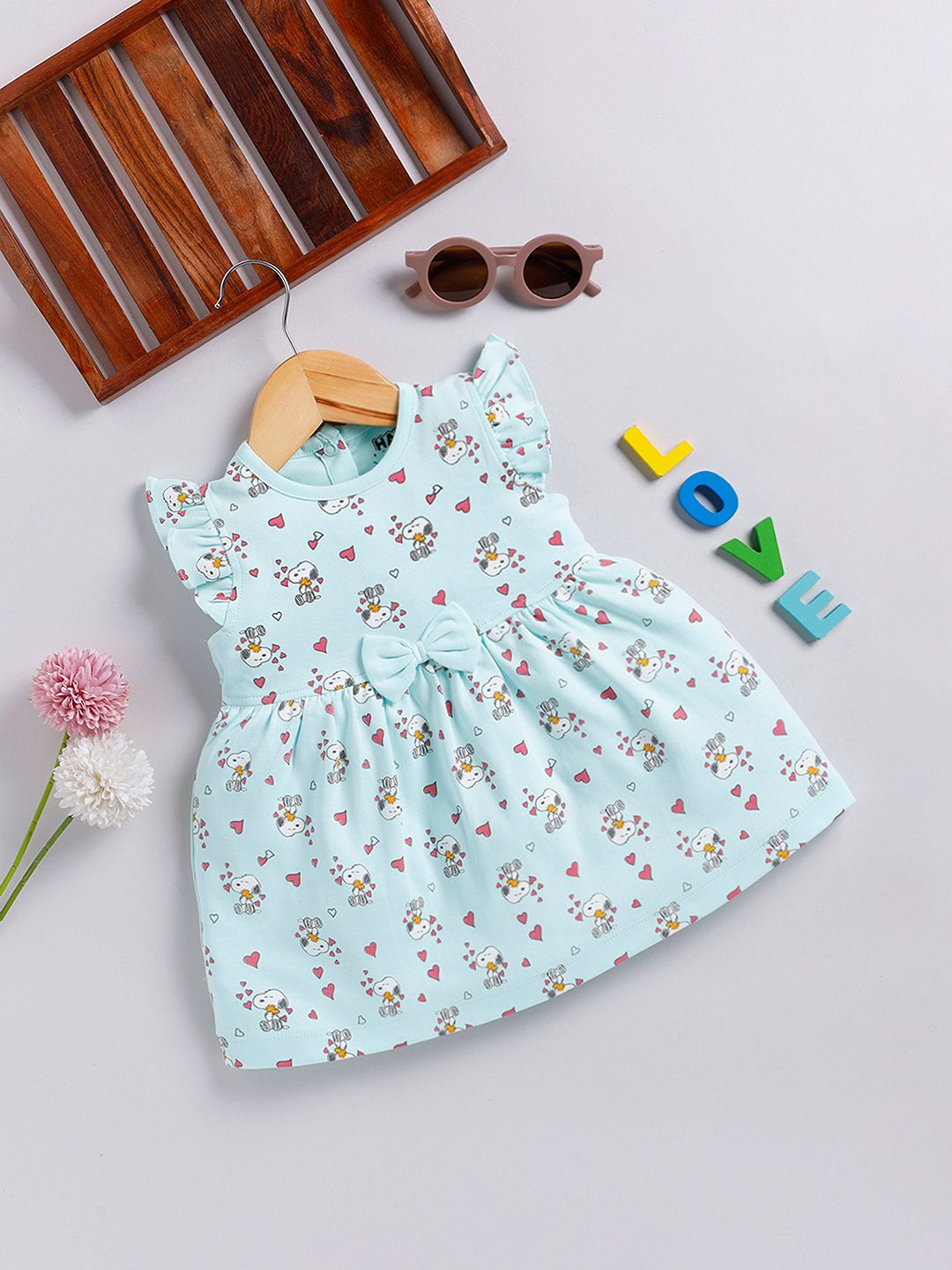 Happy Faces Girls Cotton Printed Flutter Sleeve Fit & Flare Dress