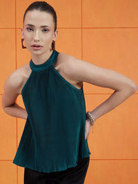 STREET 9 Green High Neck Accordion Pleats A-Line Top
