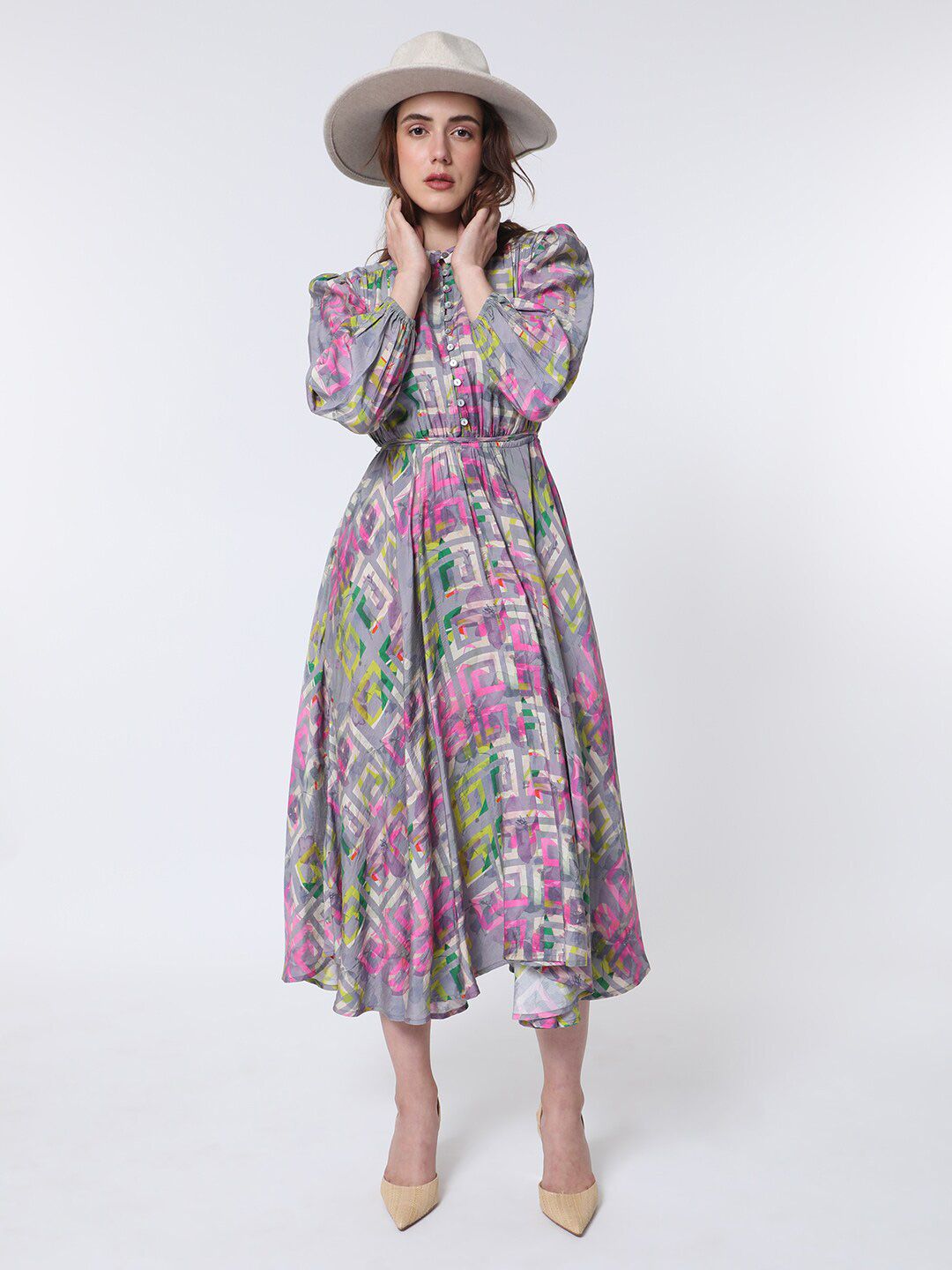 Rareism A-line Geo Floral Midi Dress