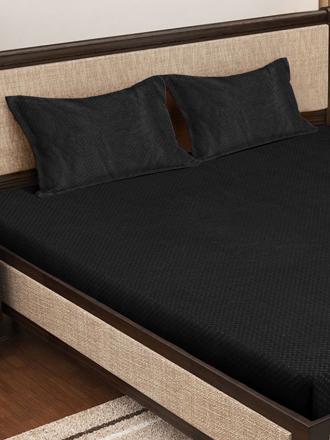 KLOTTHE Black 300TC Woolen Fitted Double King Bedsheet & Pillow Covers