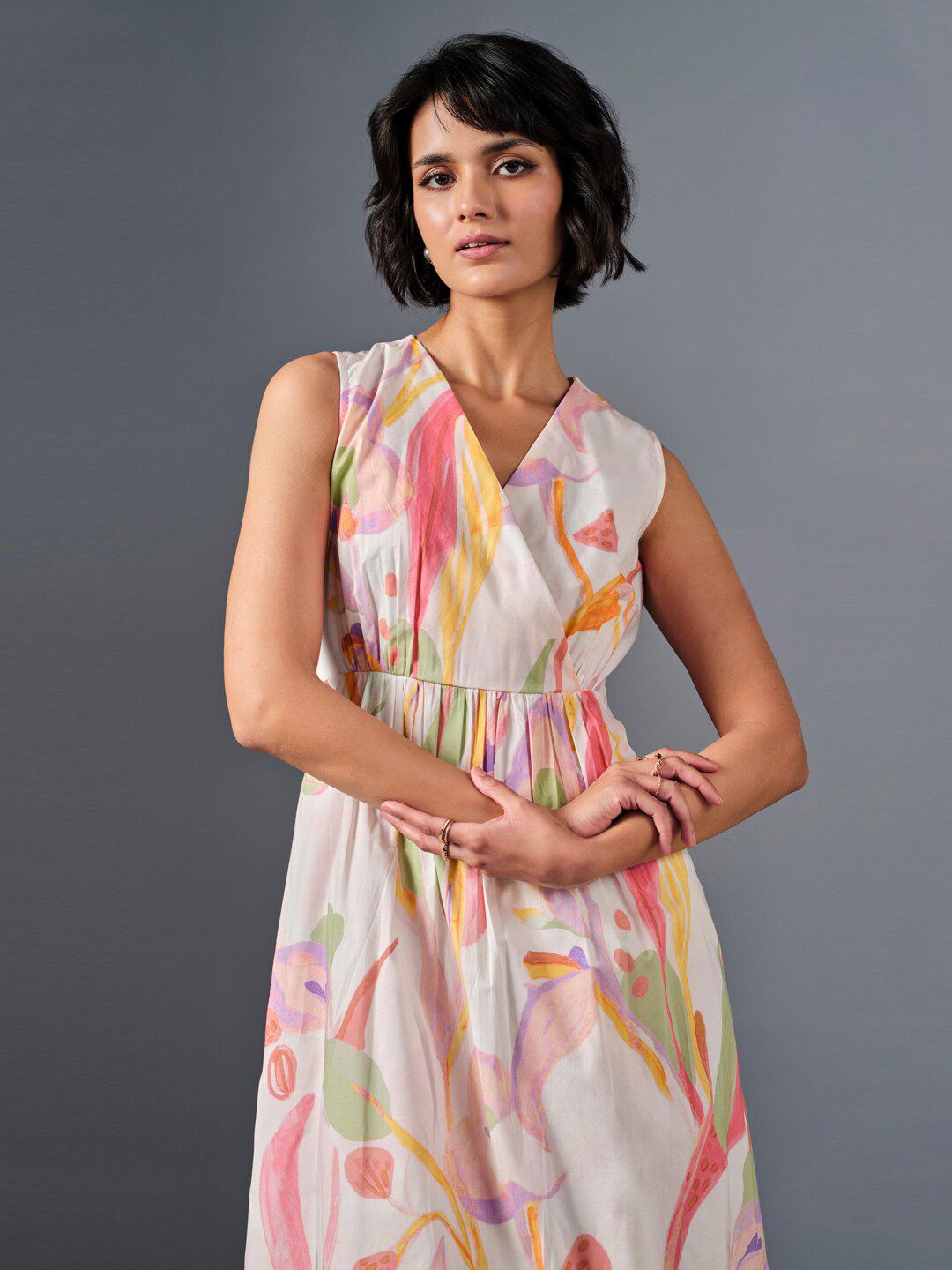 AND Floral Printed V-Neck Gathered Cotton A-Line Dress