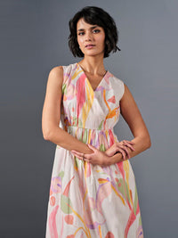 AND Floral Printed V-Neck Gathered Cotton A-Line Dress