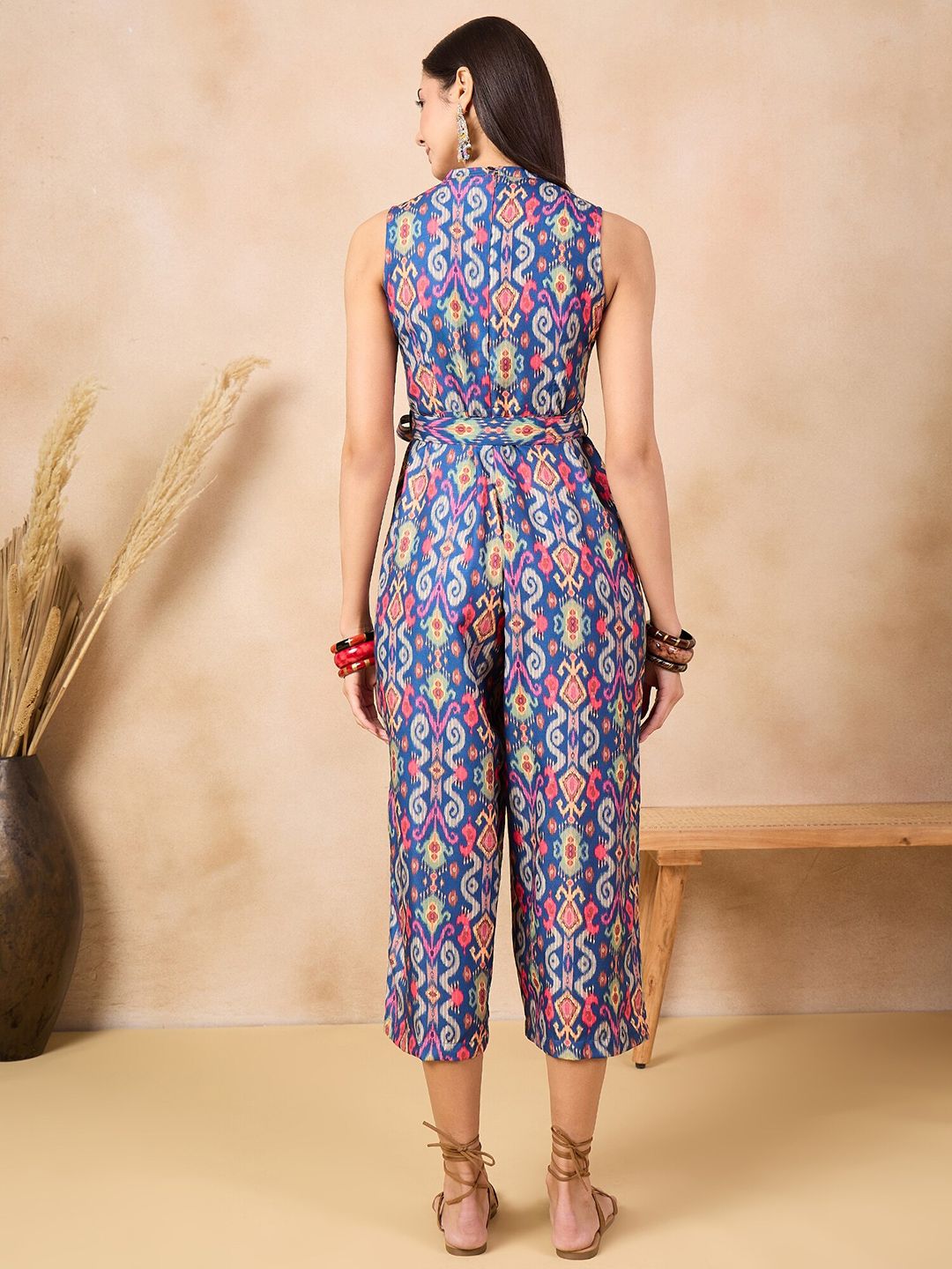 Anouk Blue Patola Printed Sleeveless Waist Tie-Ups Basic Jumpsuit