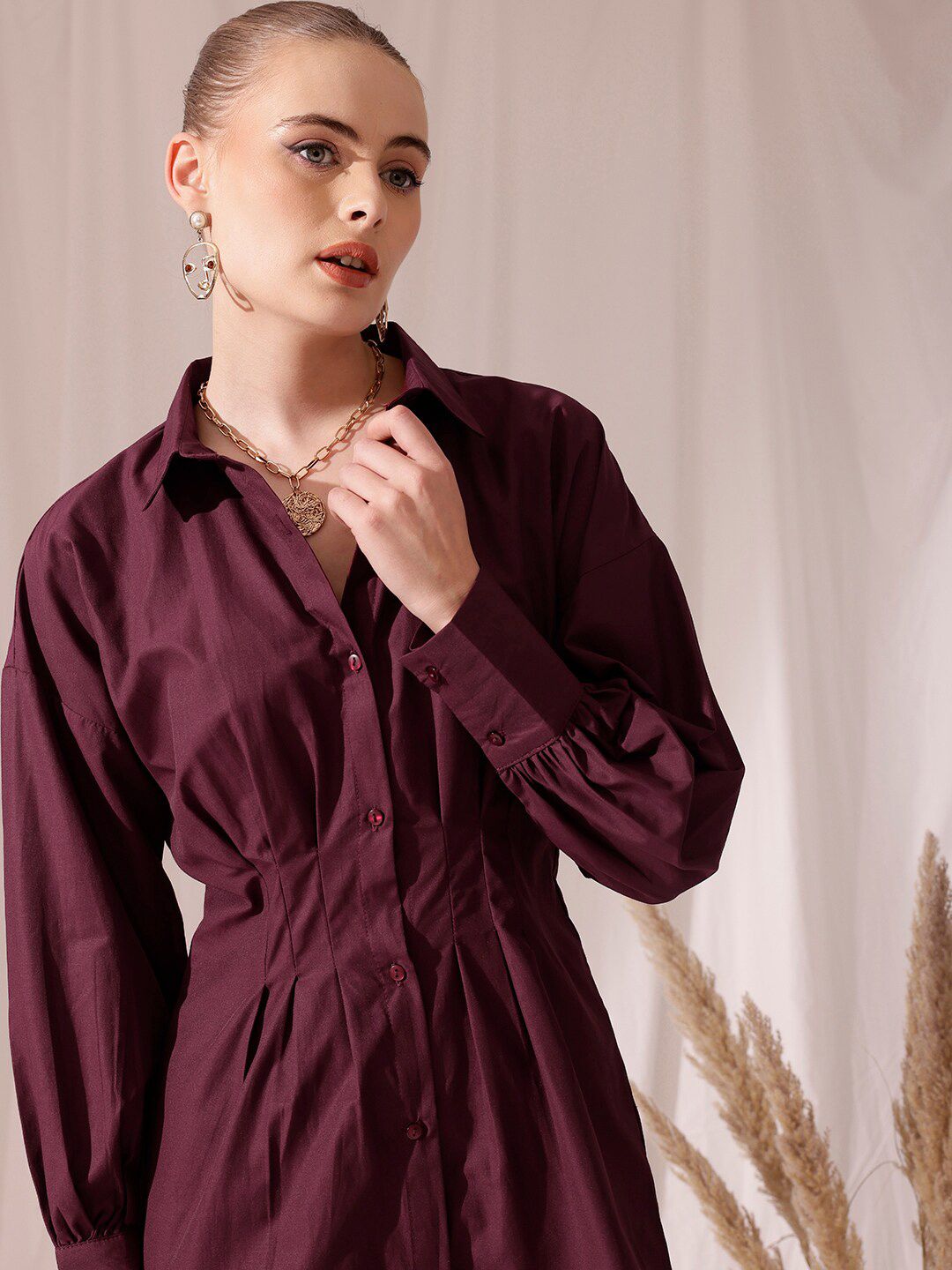 STREET 9 Spread Collar Pleated Pure Cotton Shirt Mini Dress