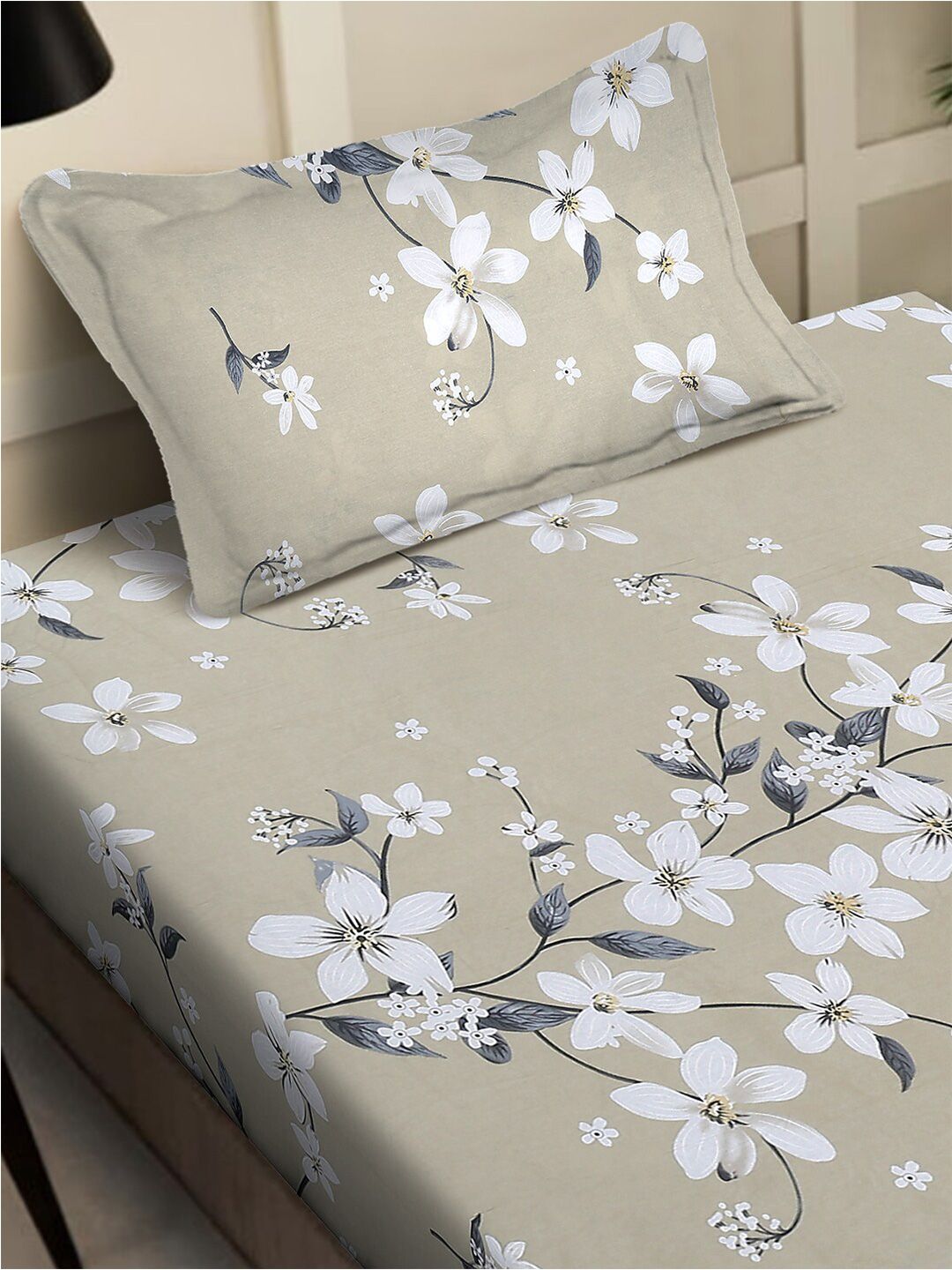 KLOTTHE Beige & White Floral Printed 400 TC Pure Cotton Single Bedsheet & Pillow Cover
