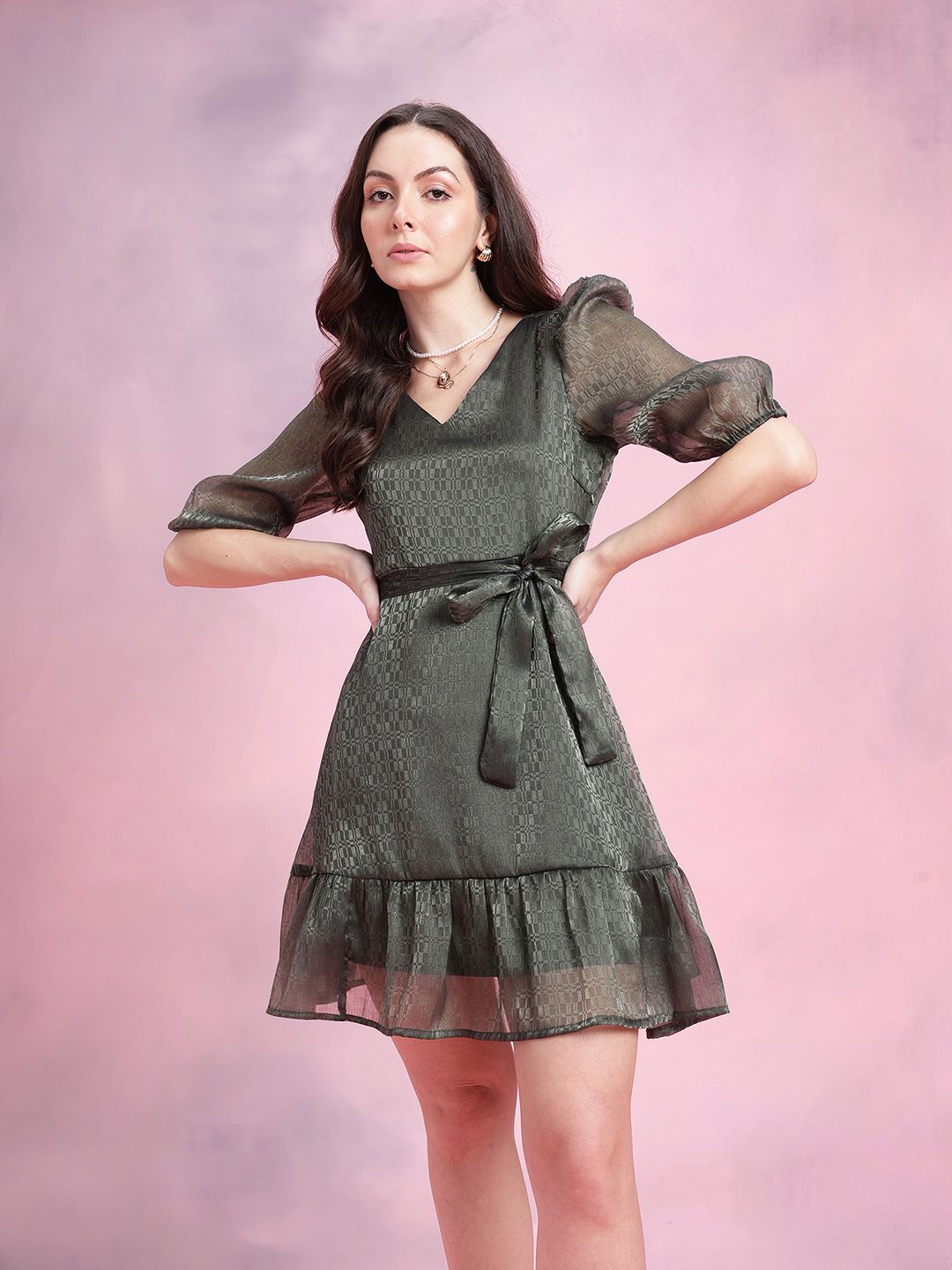 DressBerry Geometric Self-Design Puff Sleeves Party Fit & Flare Dress with Belt