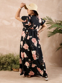 Berrylush Curve Black Floral Print Belted Maxi Dress