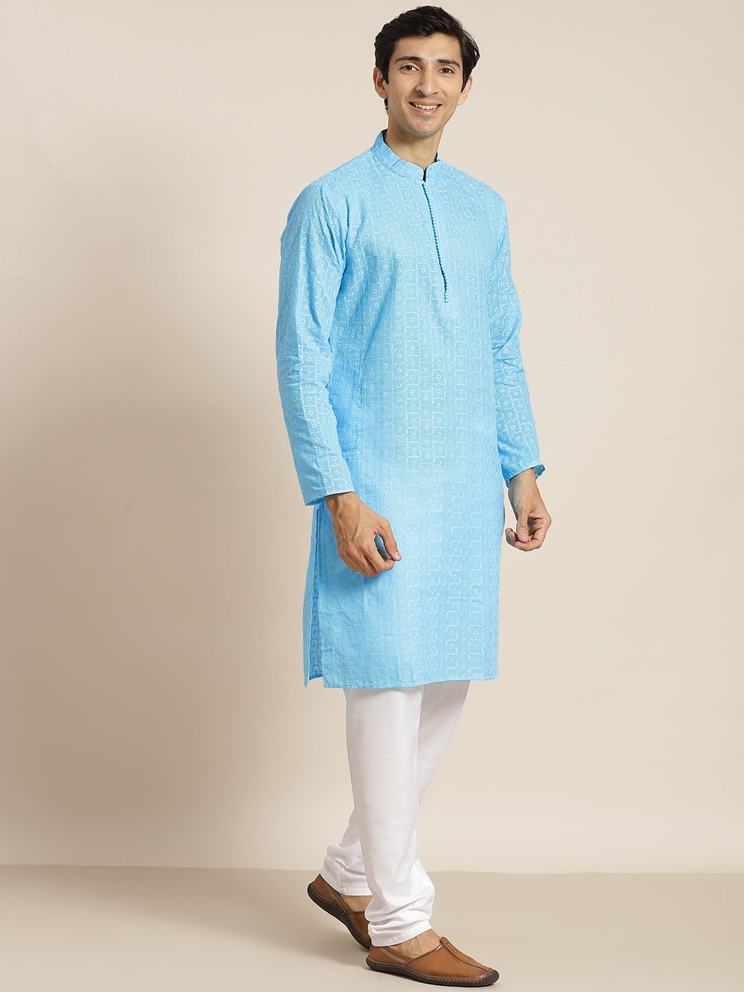 SOJANYA Men Blue Chikankari Pure Cotton Kurta with Churidar & Nehru Jacket
