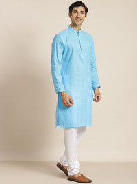 SOJANYA Men Blue Chikankari Pure Cotton Kurta with Churidar & Nehru Jacket