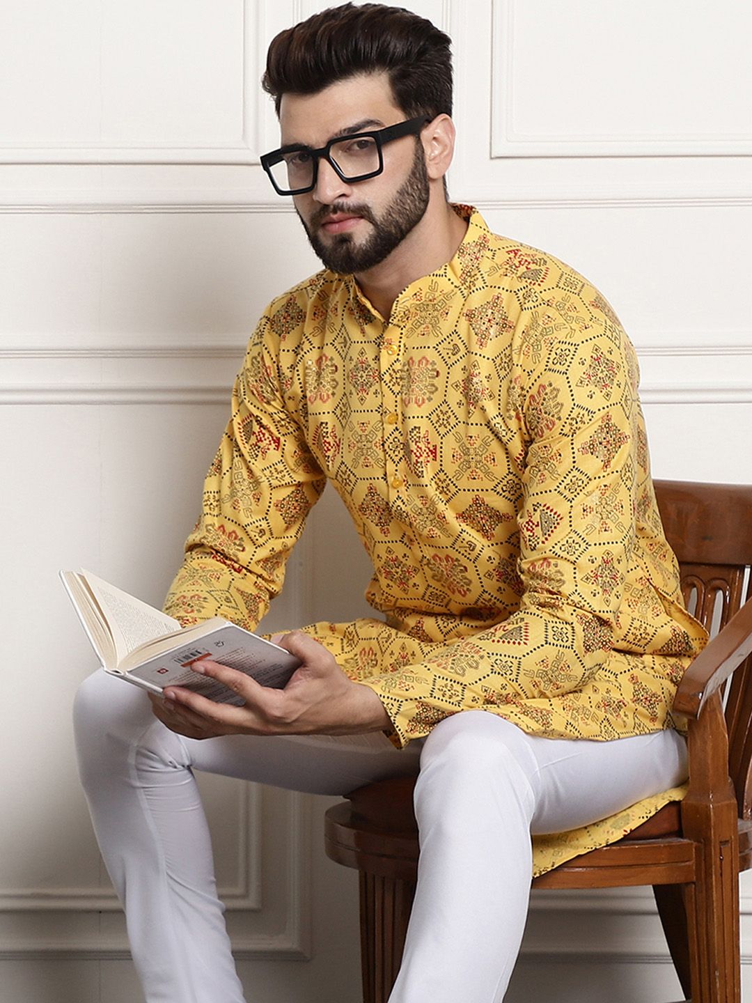 SOJANYA Ethnic Motifs Printed Band Collar Long Sleeves Straight Kurta