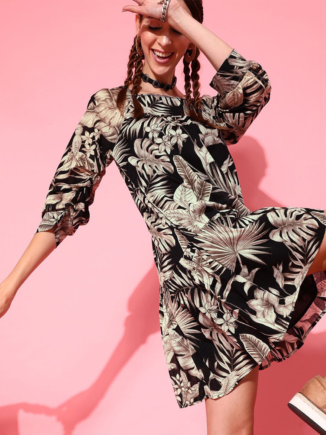 STREET 9 Black Floral Crepe Sheath Midi Dress