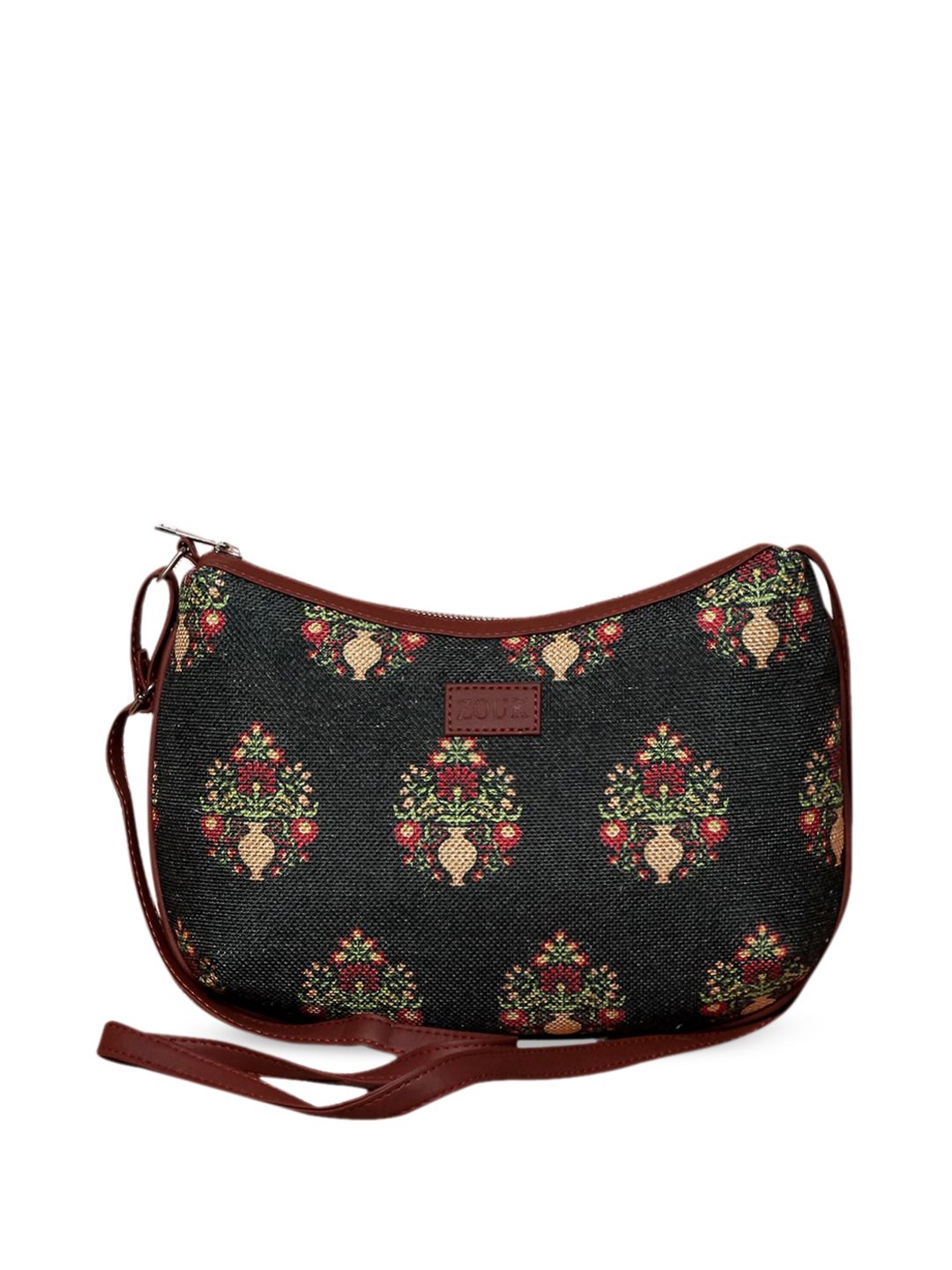 ZOUK Black & Red Ethnic Motifs Printed Half Moon Sling Bag