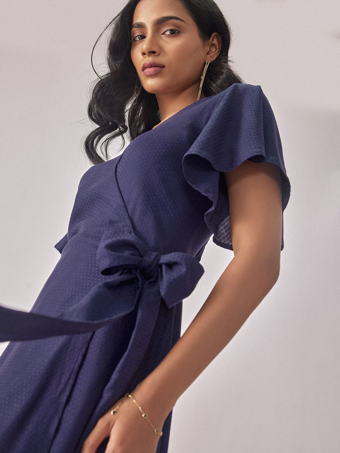 The Label Life Self Design Flared Sleeves Tie-Ups Wrap Dress