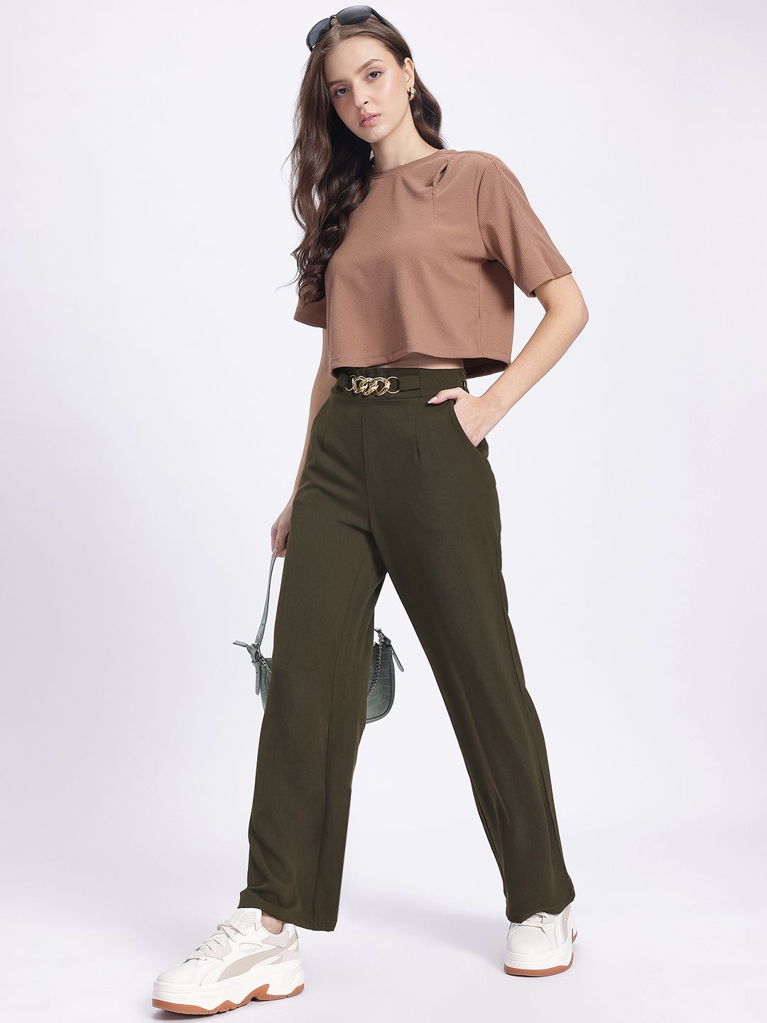 DressBerry Women Versatile Vibes Textured Buckled Trousers