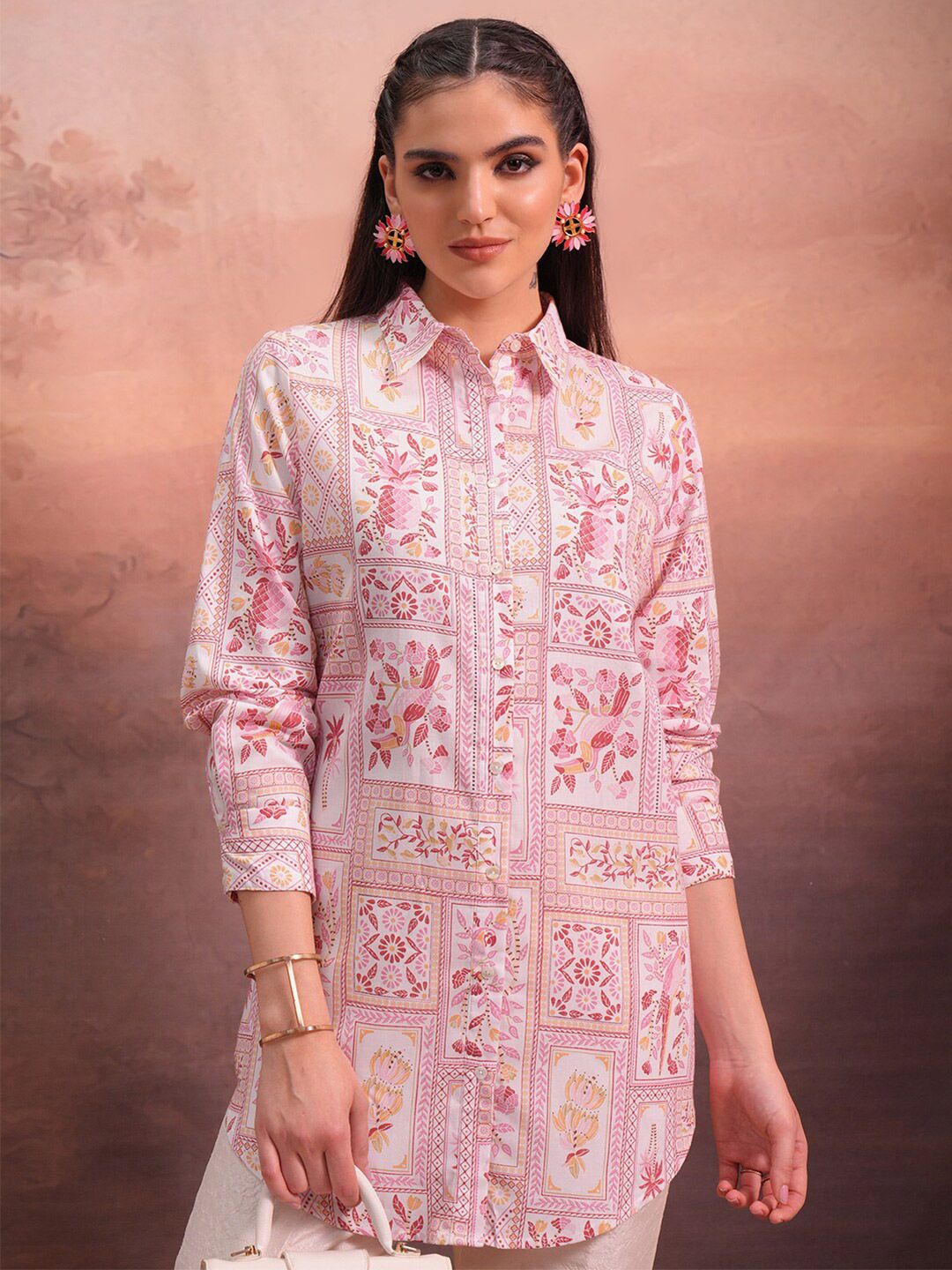 Vishudh Floral Printed Shirt Collar Ethnic Tunic