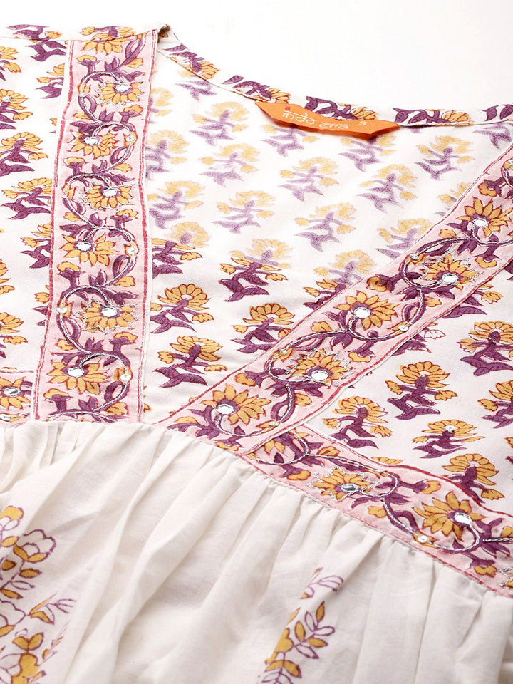 Indo Era Ethnic Motifs Printed Empire Mirror Work Pure Cotton Kurta Set
