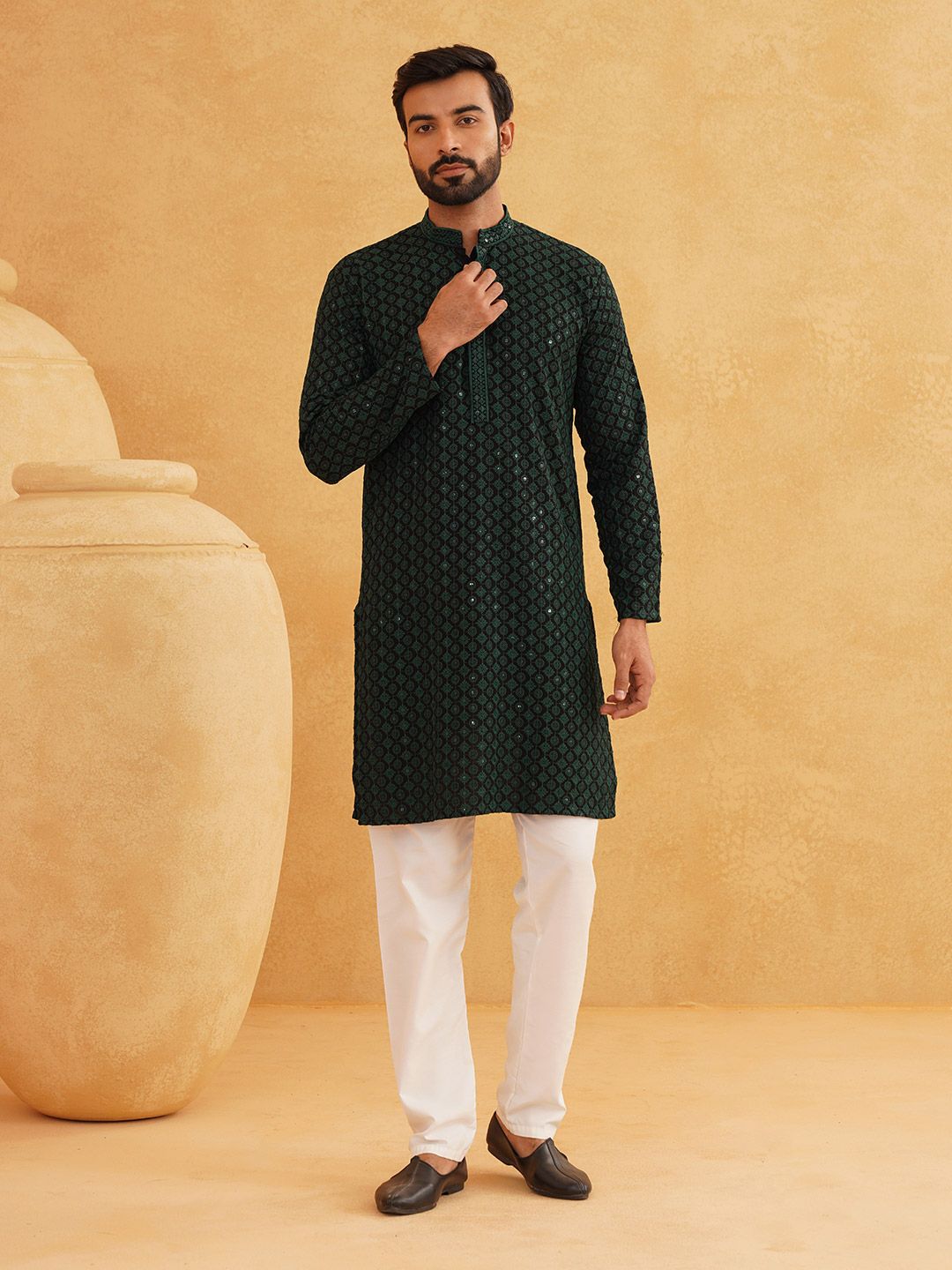 SOJANYA Embroidered Sequinned Pure Cotton Kurta with Churidar