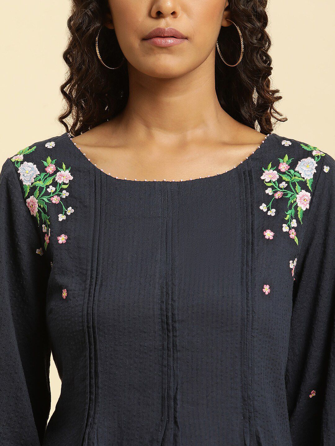 W Blue & Pink Vertical Striped Embroidered Pure Cotton Top