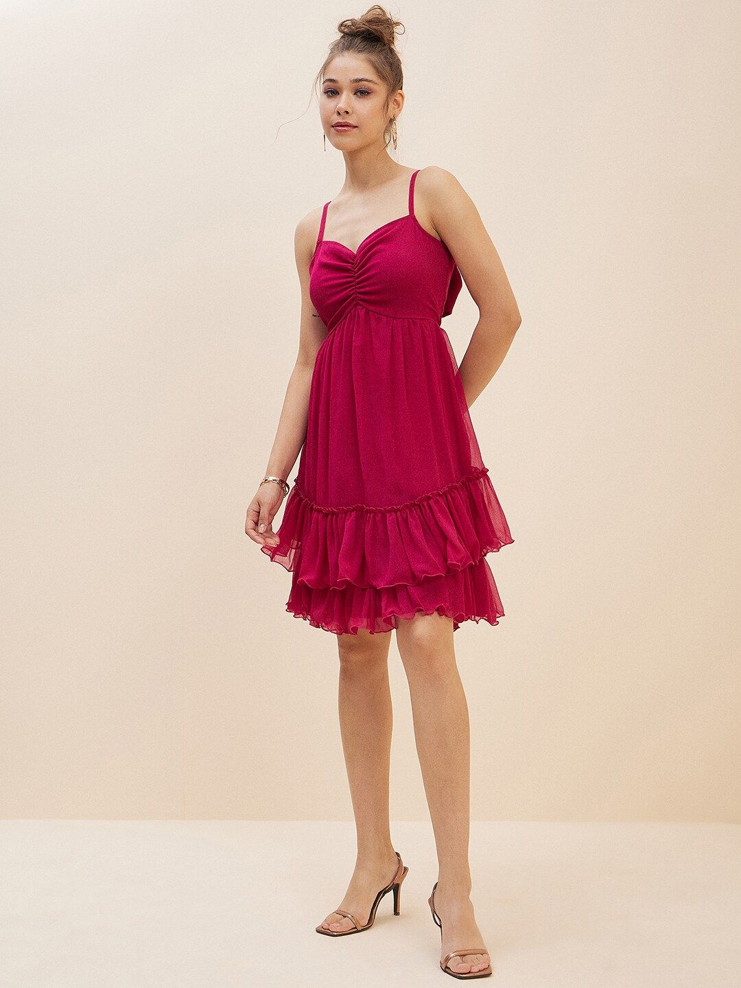 Antheaa Pink Layered Chiffon Empire Dress
