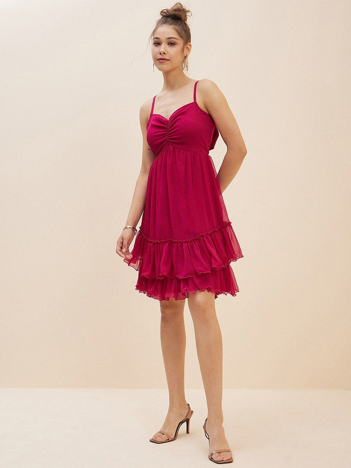 Antheaa Pink Layered Chiffon Empire Dress