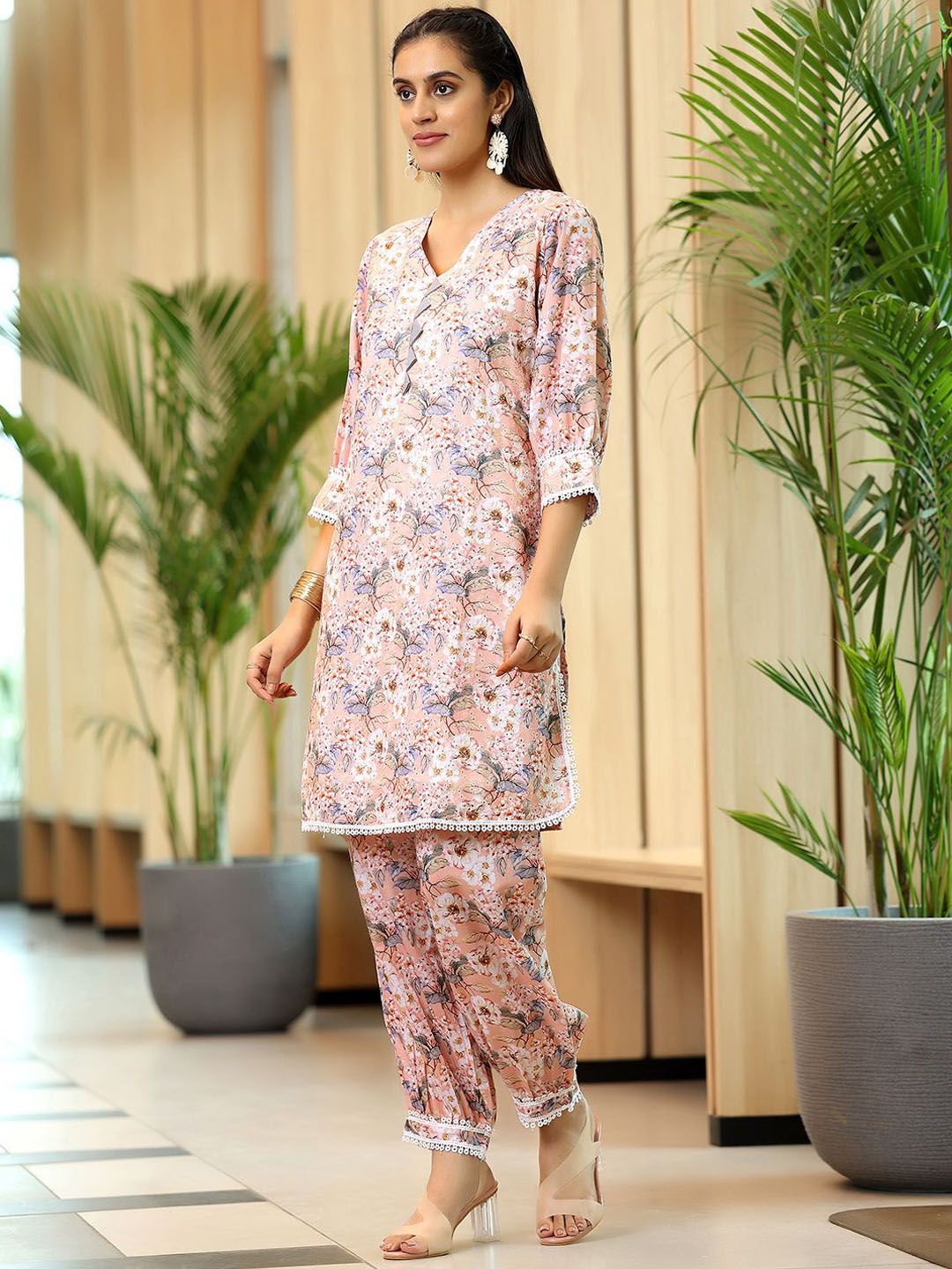 Libas Floral Printed Thread Work Puffed Sleeves Pure Cotton Kurta With Salwar