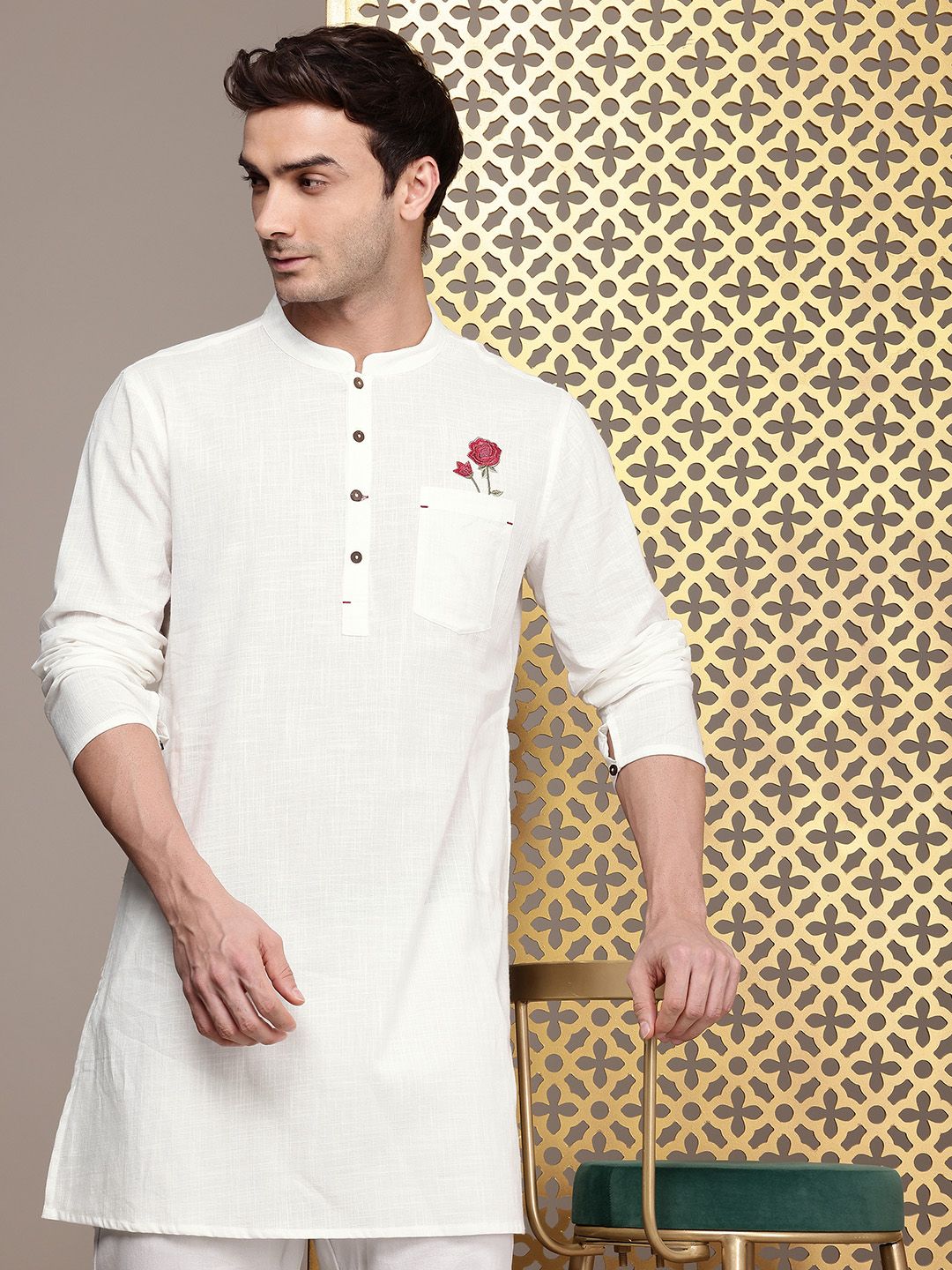 House of Pataudi Mandarin Collar Thread Work Detail Pure Cotton Rozana Kurta