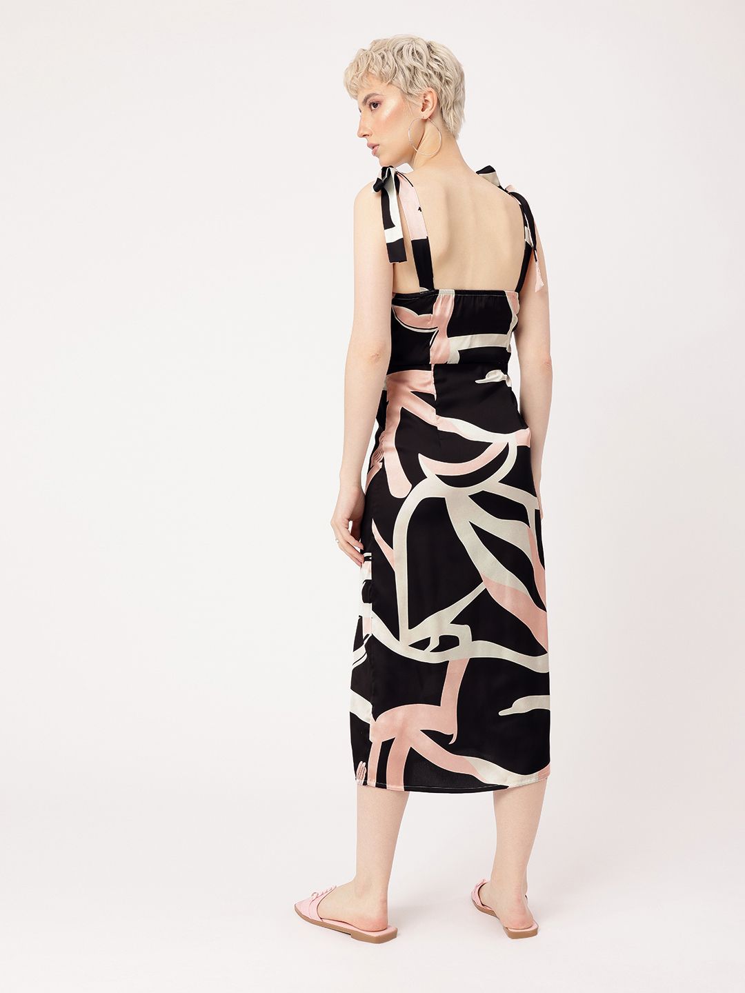 DressBerry Playful Chic Satin Finish Printed Side Slit A-Line Midi Dress